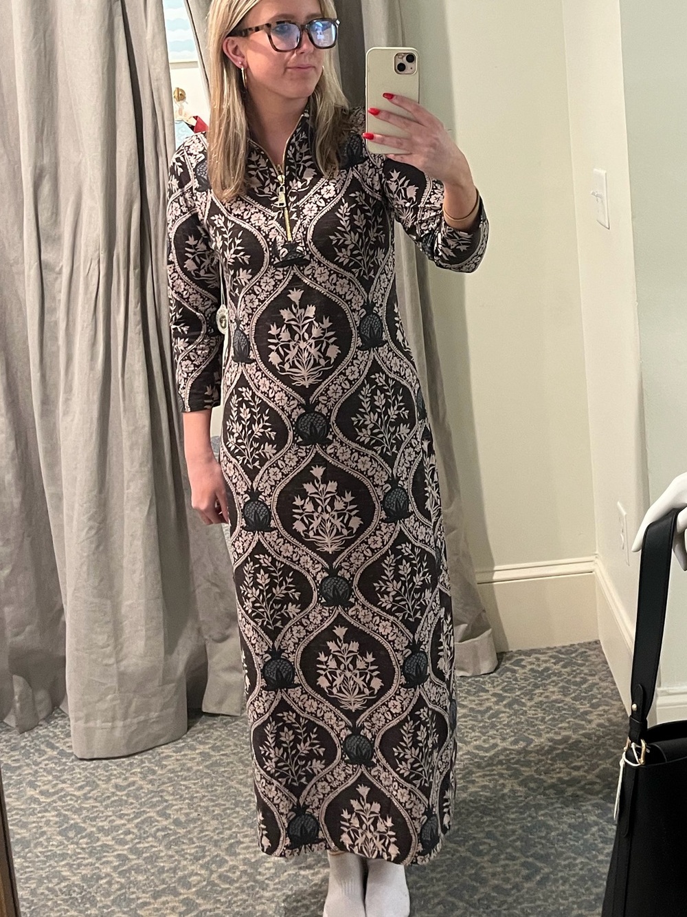 Spartina 449 Black & Cream Long Sleeve Patterned Maxi Dress
